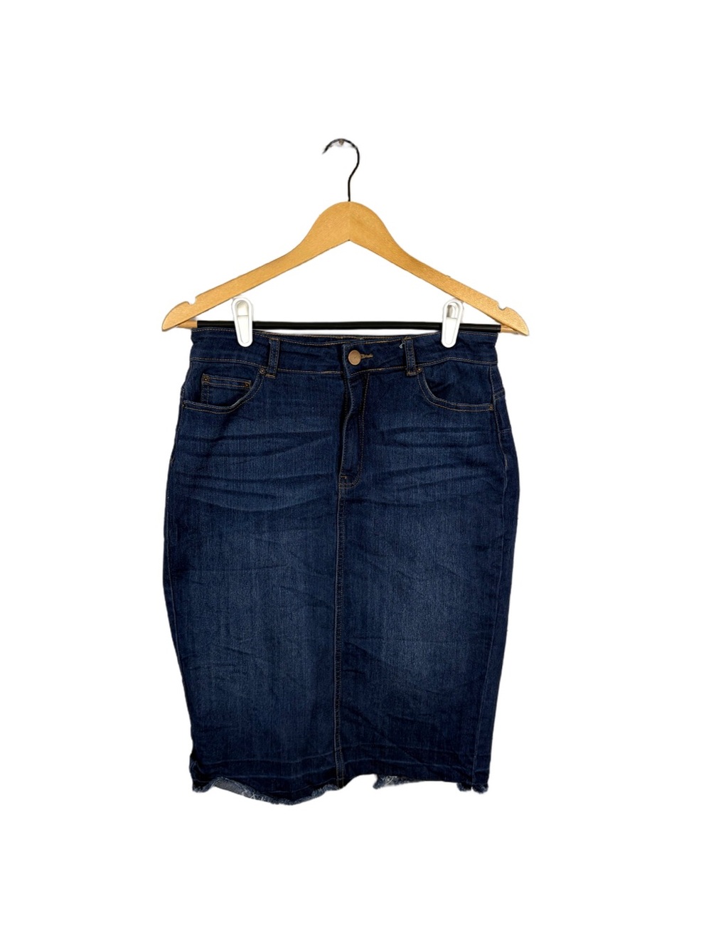 LABIJOU Dark Wash Stretch Denim Pencil Skirt Large Raw Hem Back Slit